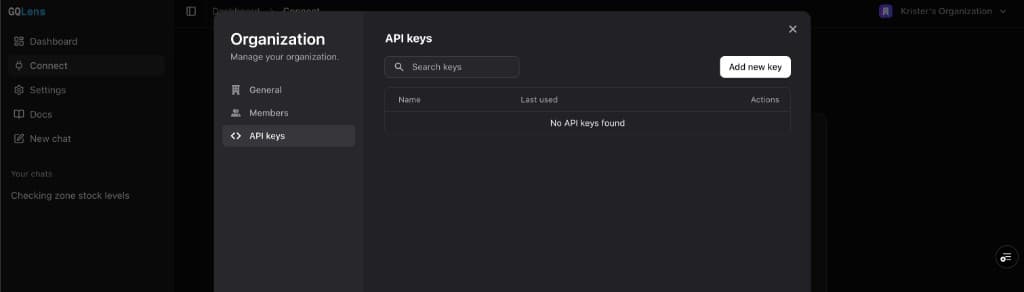 Organization API keys tab